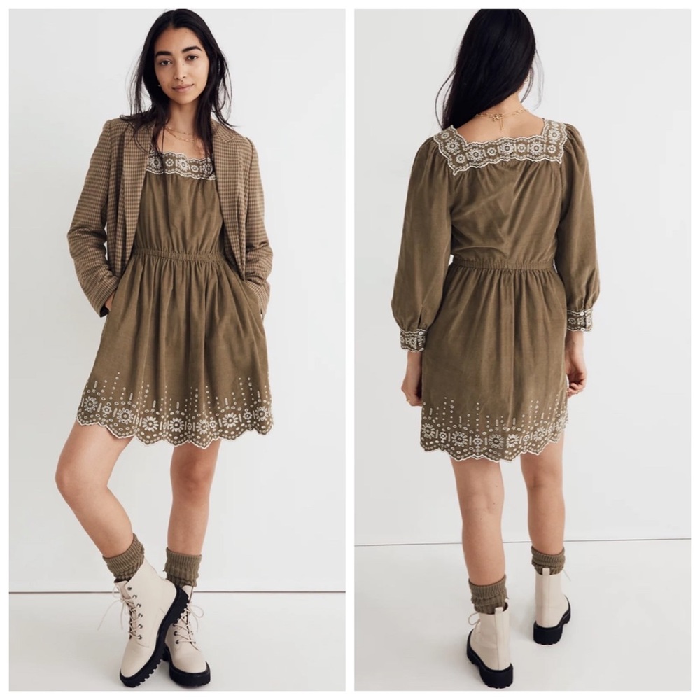 Madewell Embroidered Corduroy Square-Neck Mini Dress NWT Size M